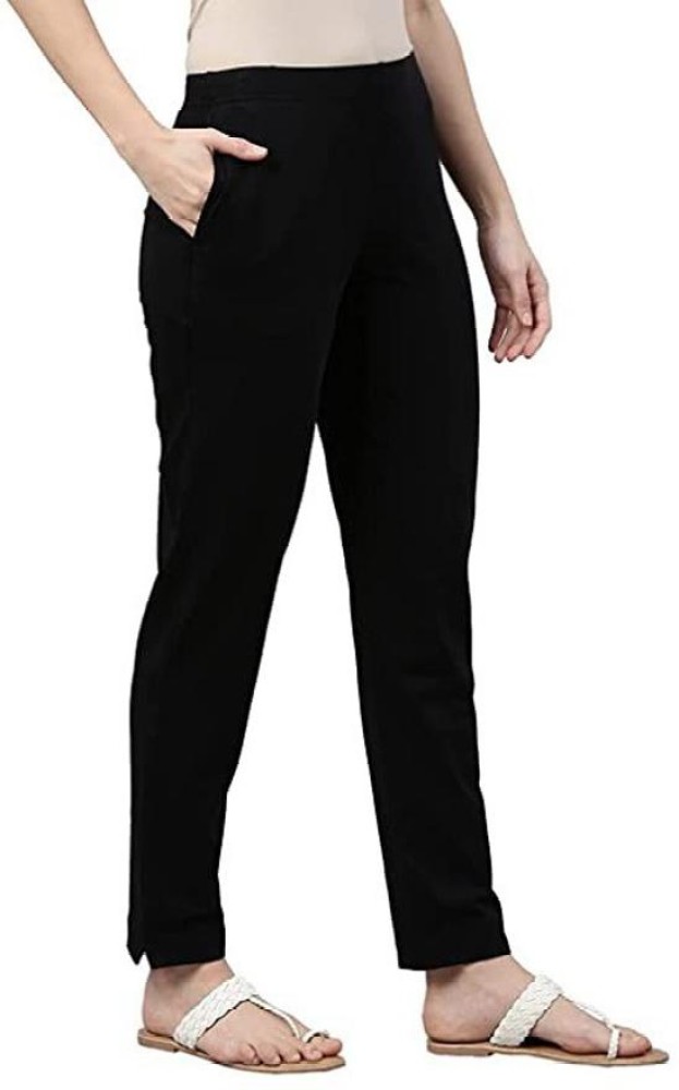 Buy Black Cotton Checks Women Pants with Loose Belt-33225