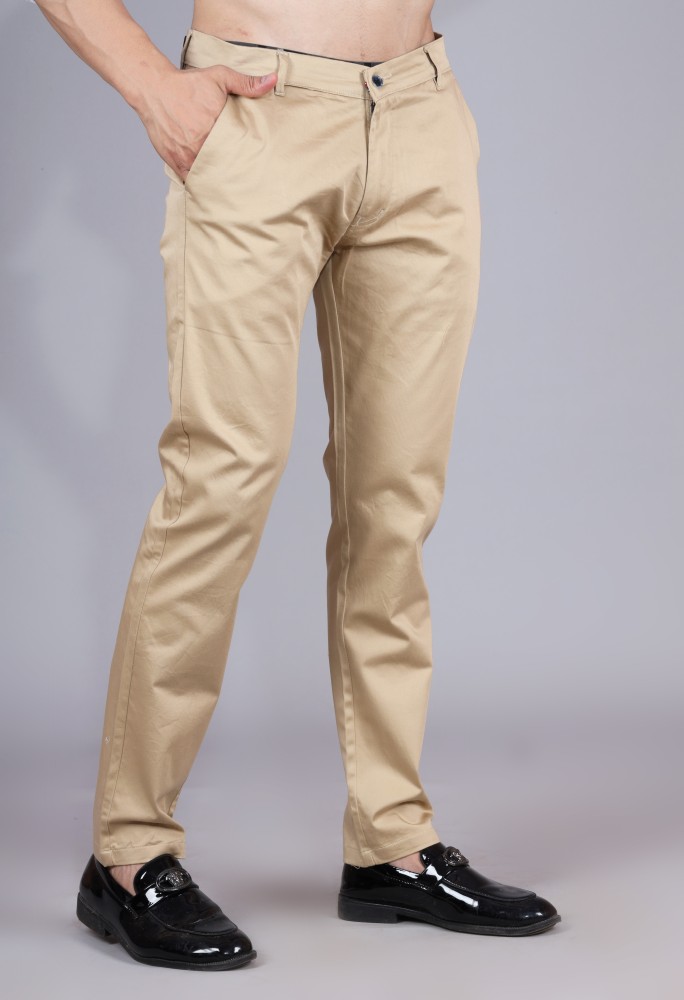 Americanelm MenS Beige Solid Slim Fit Stretchable Formal Trouser