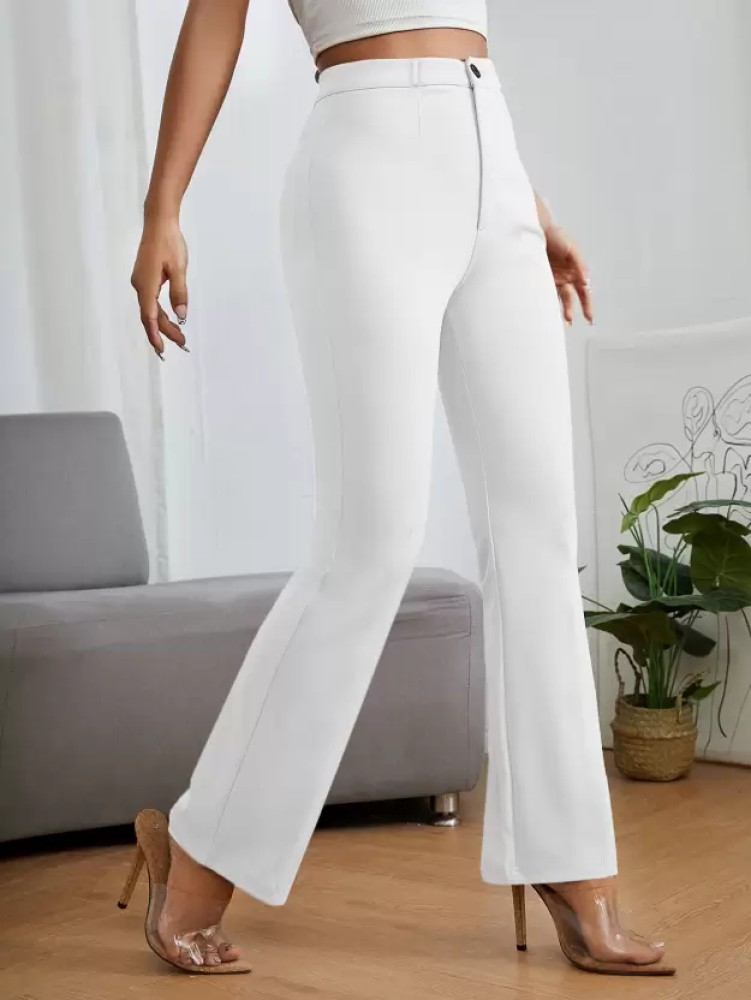 Berrylush Women Solid Cream High-Rise Waist Cotton Loose Fit Straight Leg  Trousers