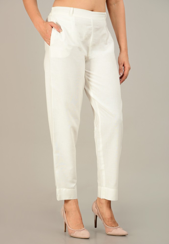 Parassio Clothings Fine Cotton Blend Women Ivory Off White Slim Fit Formal  Trousers