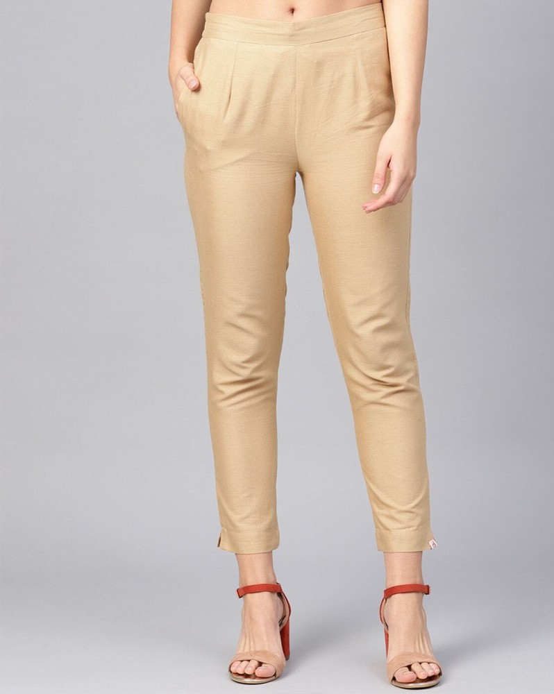 Buy Gold Cotton Solid Cigarette Pants Online in India