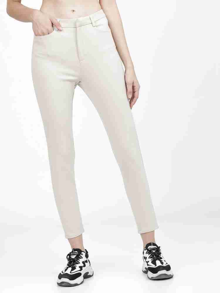 Tokyo Talkies Women Beige Solid Tapered Fit Casual Trousers