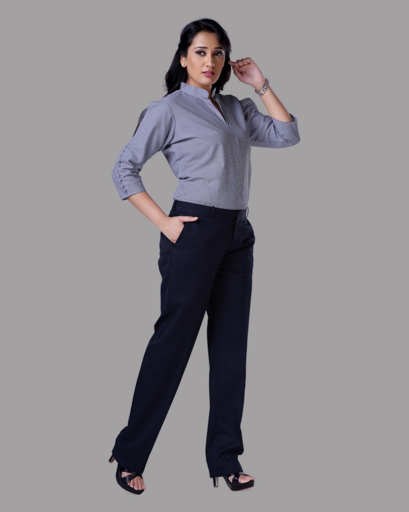 Navy Blue Cotton Trouser For Women, Solid Regular Fit
