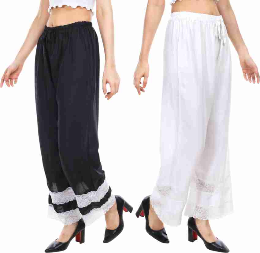 Women's Rayon White Palazzo Pants with Single Lace - Relaxed Fit