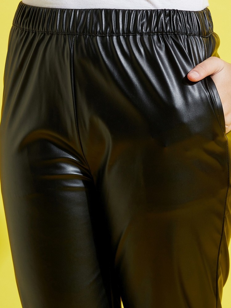 Leather-effect elastic waist trousers - Women