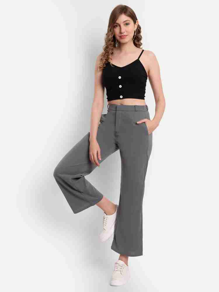 Buy Broadstar Women Light Grey High-Rise Flared Trousers