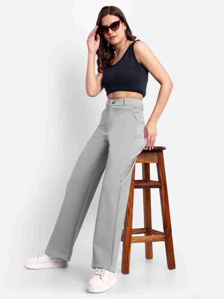 Broadstar Women Light Grey High-Rise Flared Trousers| Bootcut Trousers |  Stretchable Trousers |Super High-Rise Trousers
