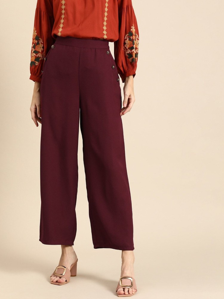 DressBerry Women Burgundy Regular Fit Solid Regular Cropped Mid-Rise  Trousers