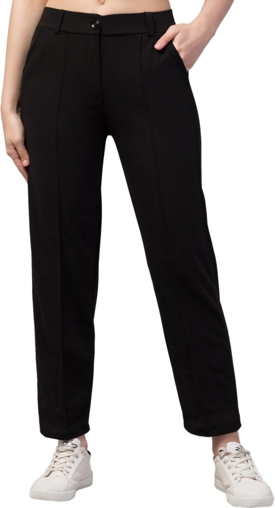 Buy Online Women Black Solid HighRise Pleated Trousers at best price   Plussin
