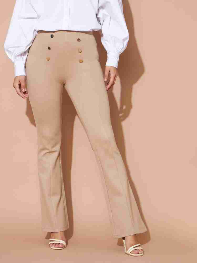 Women's Beige Flare Pants High Rise