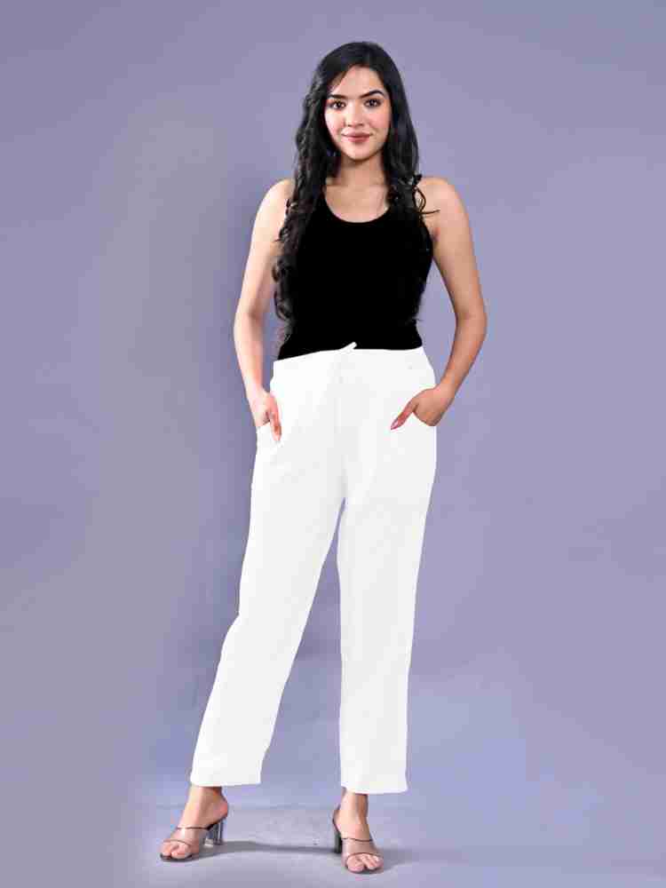 Quaclo Light Grey and Pink White Women Stripe Trouser Pants Combo
