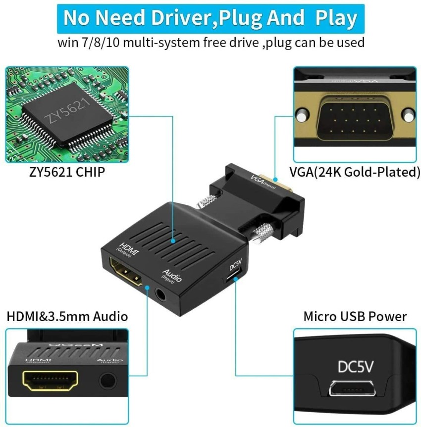 Adaptateur HDMI 1080p M (entrée)->VGA+Audio jack 3.5 • Neklan