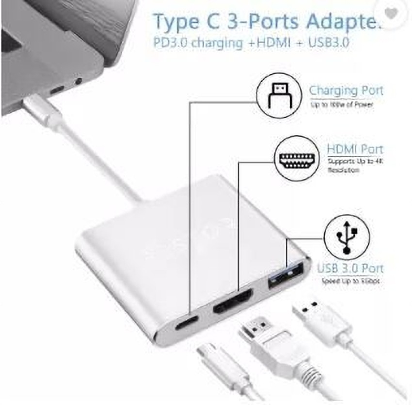 PiBOX India, USB C to HDMI Adapter, Aluminium Type C USB hub 3.1 to HDMI  4K/USB 3.0/USB C Converter Cable Charging Port Adapter Cable Compatible  with