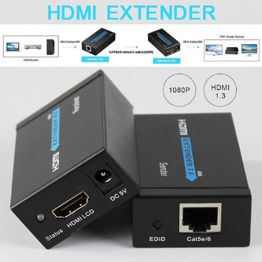 60M HDMI Extender, 1080P HDMI Transmitter and Receiver Over single RJ45  Cat6/7 Cables Up to 196ft(60m), HDMI Ethernet Extender, HDMI to RJ45/RJ45  to HDMI Transmitter 