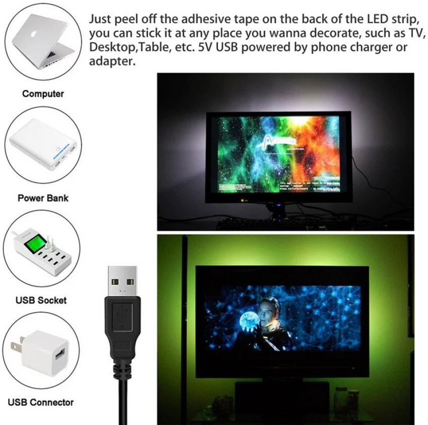 Litverse USB 5V 5050 RGB LED Flexible Strip Light Multi-Color Changing Lighting  kit TV Background Lighting with Mini Controller -Pvc(1 Meter for TV's Up to  24) Led Light Price in India 