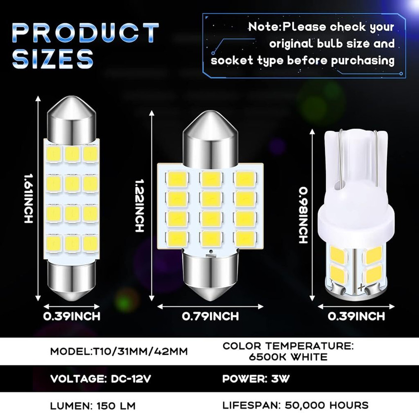 ELEPHANTBOAT Car Dome Light Bulb 3 Type of LED Dome Light