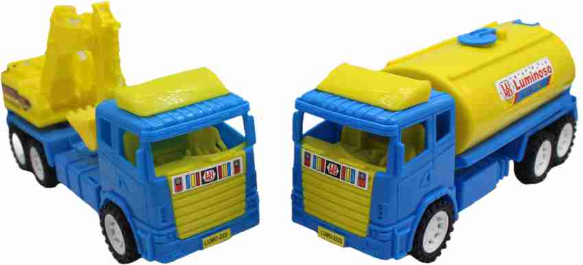 neoinsta shopping Set of 2 Combo Friction based Blue Yellow JCB and Blue Yellow oil tanker trucks Set of 2 Combo Friction based Blue Yellow JCB and Blue Yellow oil tanker trucks shop for