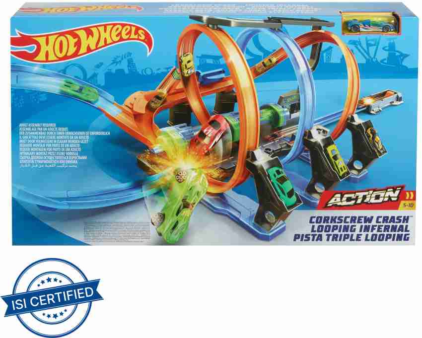 Hot Wheels Track Set and Toy Car, Large-Scale Motorized Track with 3  Corkscrew Loops, 3 Crash Zones and Toy Storage ( Exclusive)
