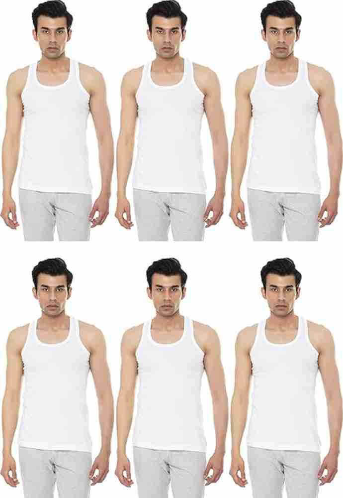 Men's Super Combed Cotton Round Neck Sleeveless Vest with Extended Length  for Easy Tuck - White