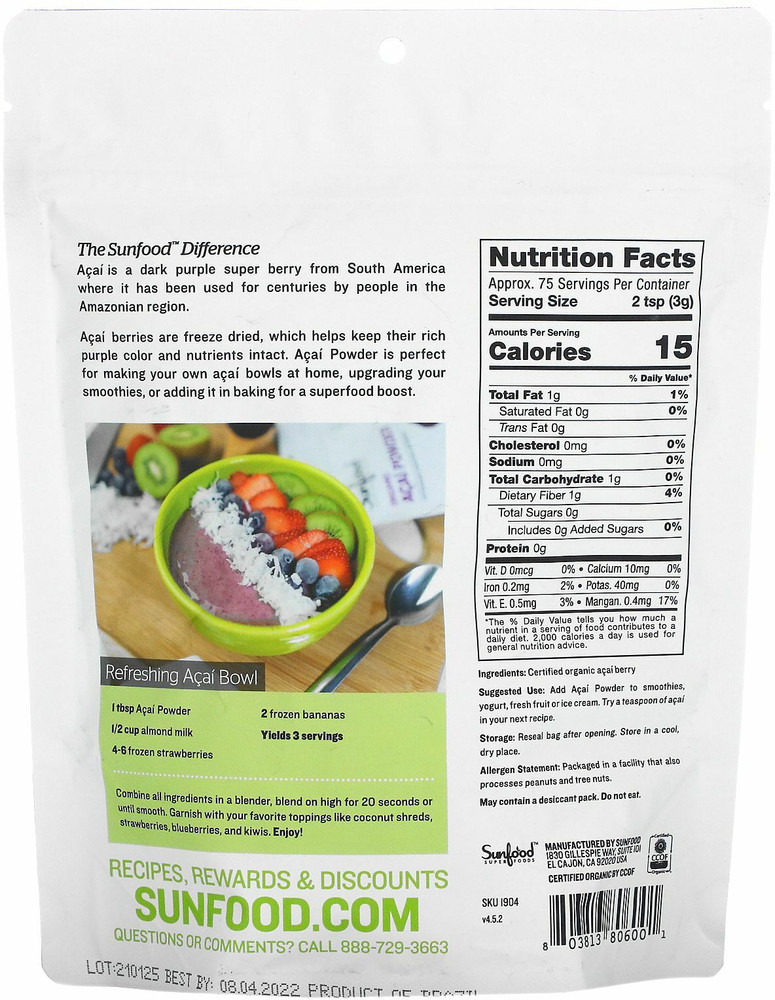 Sunfood Organic Acai Powder 8 oz 227 g Price in India Buy Sunfood Organic Acai Powder 8 oz 227 g online at Flipkart