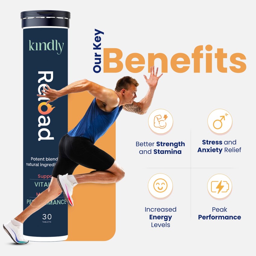 Kindly Health Reload Tablets For Men, For Boosting Men's Performance, Helps Boosts Strength & Stamina, With Ashwagandha, Ginger Root Extract,  Vitamin B12, Korean Ginseng