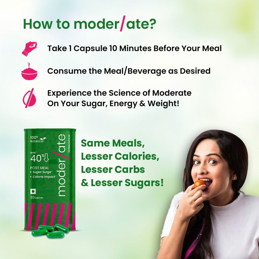 Moderate 100% Botanical PreMeal Supplement, Aids Calories, Sugar Control &  Manage Weight Price in India - Buy Moderate 100% Botanical PreMeal  Supplement