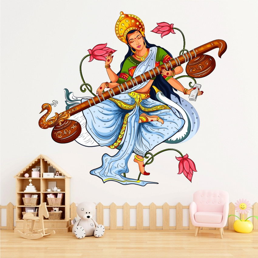 CAVE ART Maa Saraswati Playing Veena Education God Wall Stickers