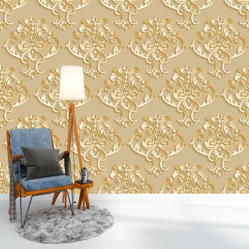 Royal Pattern PVC White And Golden Wallpaper Jewellery Type For Home  Size 21inchx33feet