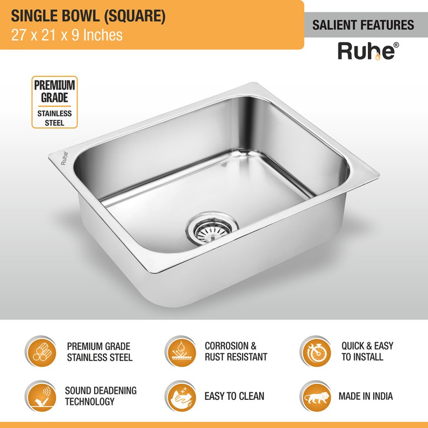 Square Single Bowl 304-Grade Kitchen Sink (27 x 21 x 9 Inches) - LIPKA