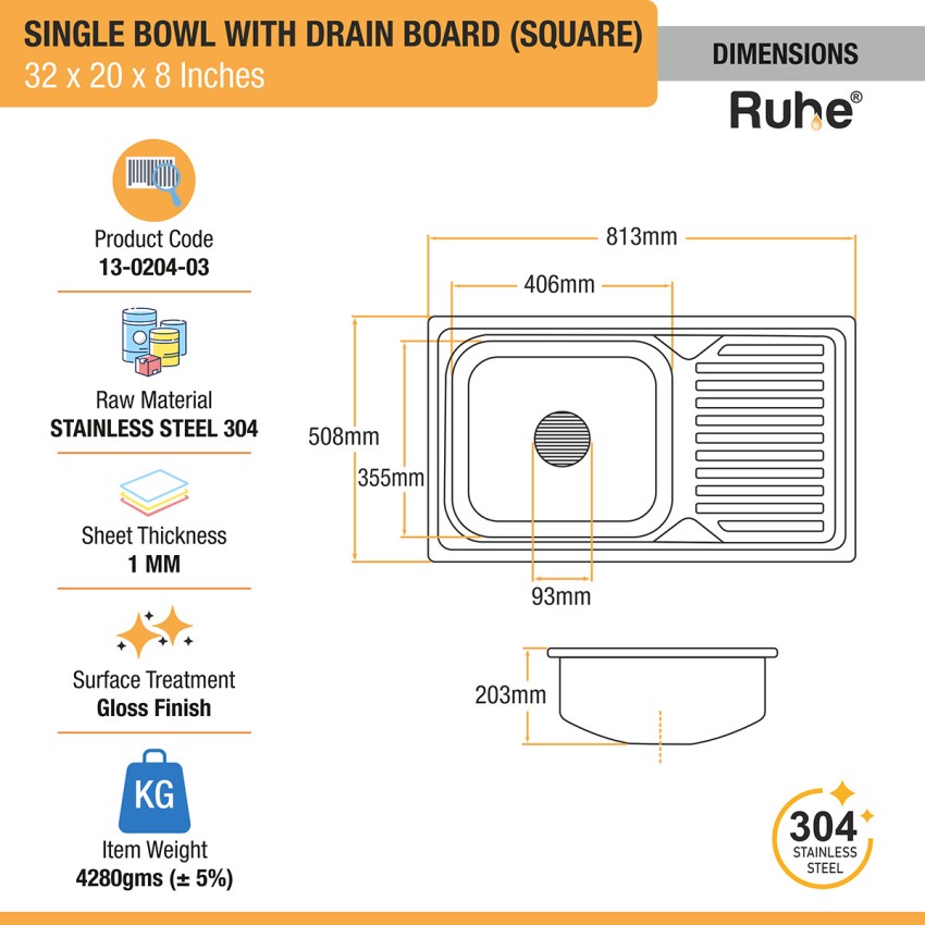 Square Single Bowl (37 x 18 x 8 Inches) Premium Stainless Steel Kitche –  Ruhe