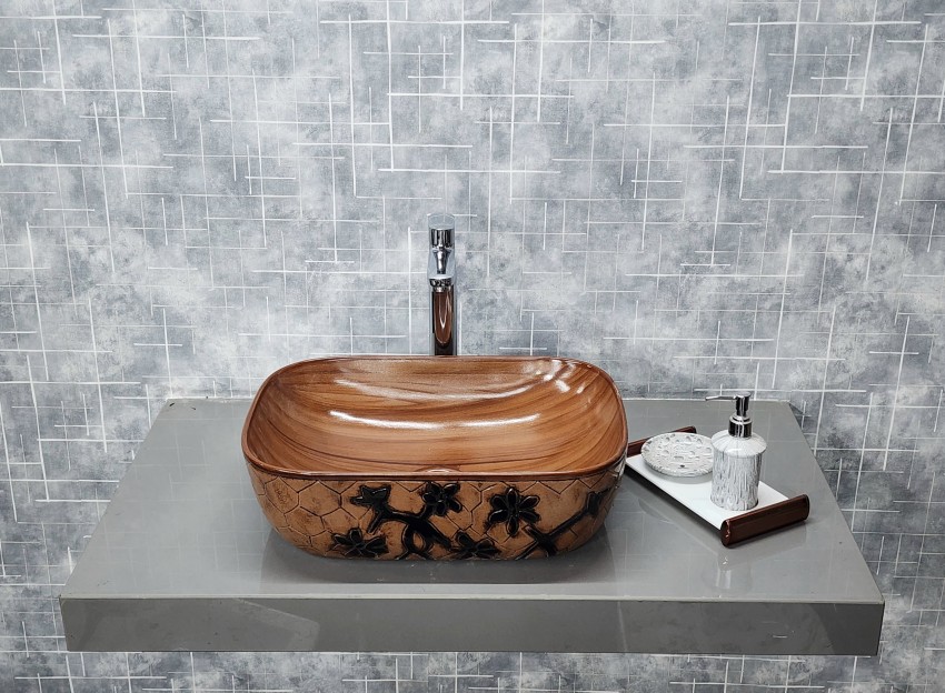 InletCera (18X13X5)(Flower Wooden) Table Top Basin Price in India - Buy  InletCera (18X13X5)(Flower Wooden) Table Top Basin online at