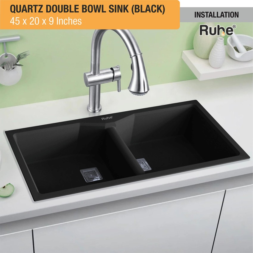 45 Black Quartz Kitchen Sink Double Bowl Drop-In Sink with Drain Board