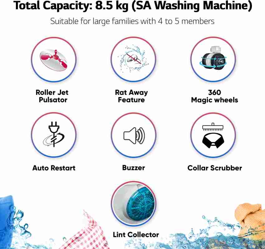 LG 8.5 Kg 5 Star Wind Jet Dry Rat Away Technology Semi-Automatic Top  Loading Washing Machine (P8535SPMZ, Roller Jet Pulsator, Collar Scrubber, 3  + 1 Wash Programs, Purple) : : Home & Kitchen