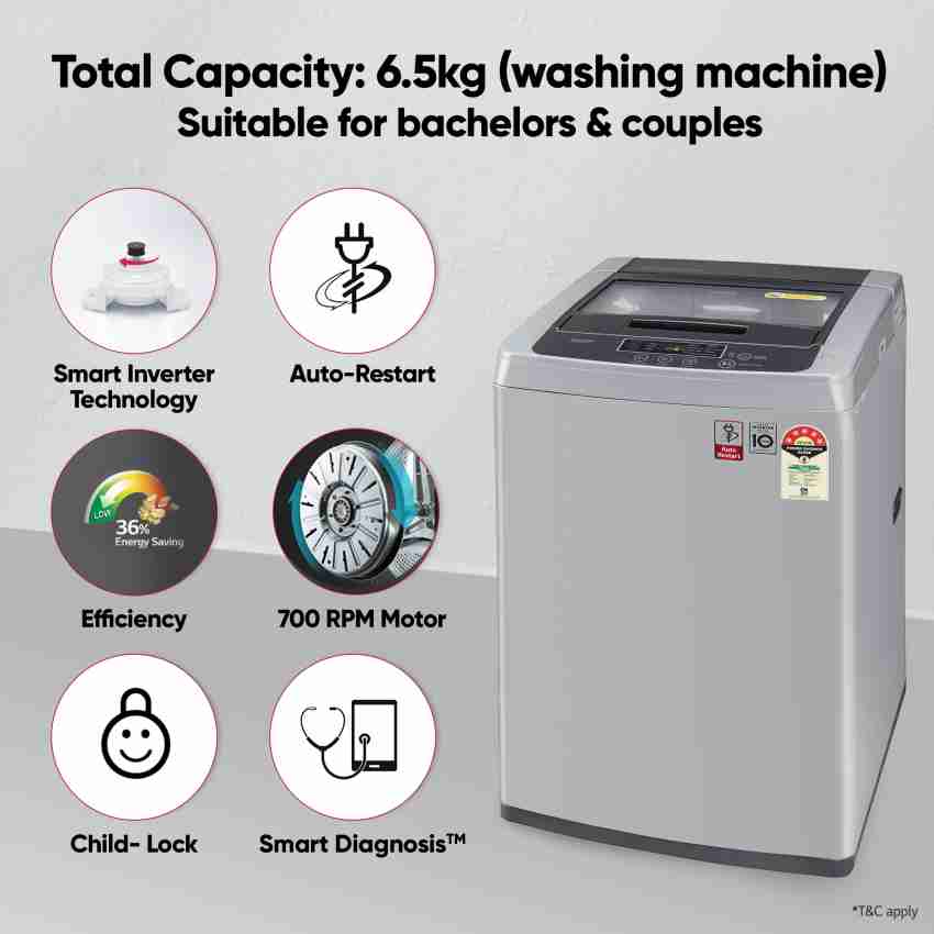 Lg 6.5 kg 5 star inverter fully automatic deals top load silver