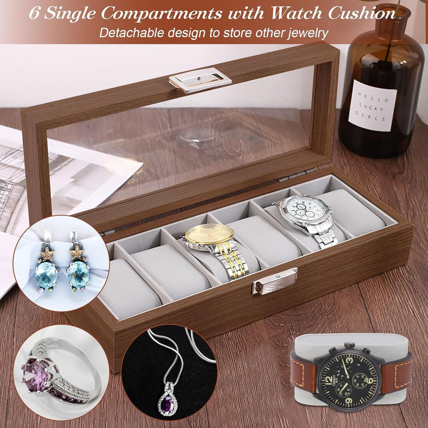 BUCKETLIST 6 Slot Watch Box for Men and Women Wooden Watch Organizer with Glass Top Watch Box Price in India Buy BUCKETLIST 6 Slot Watch Box for Men and