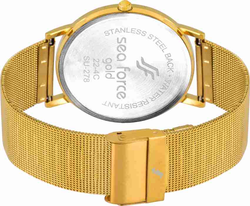 Sea force Gold Slim Belt With White Dial Wrist Watch Gold Slim