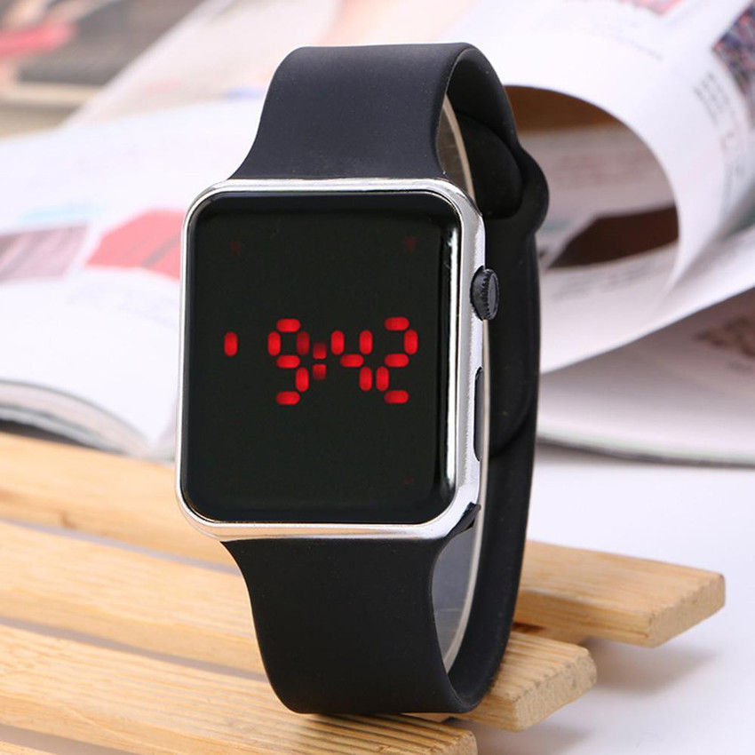 PLUTOKART Square Mirror Face Silicone Band Digital Watch Red LED
