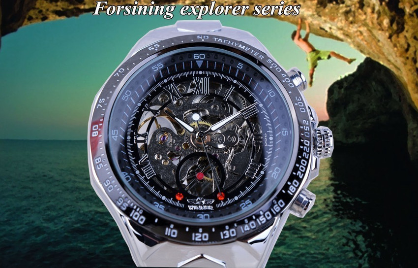 BLISSIBLE Skeleton Black Automatic Self Winding Wrist Watch See