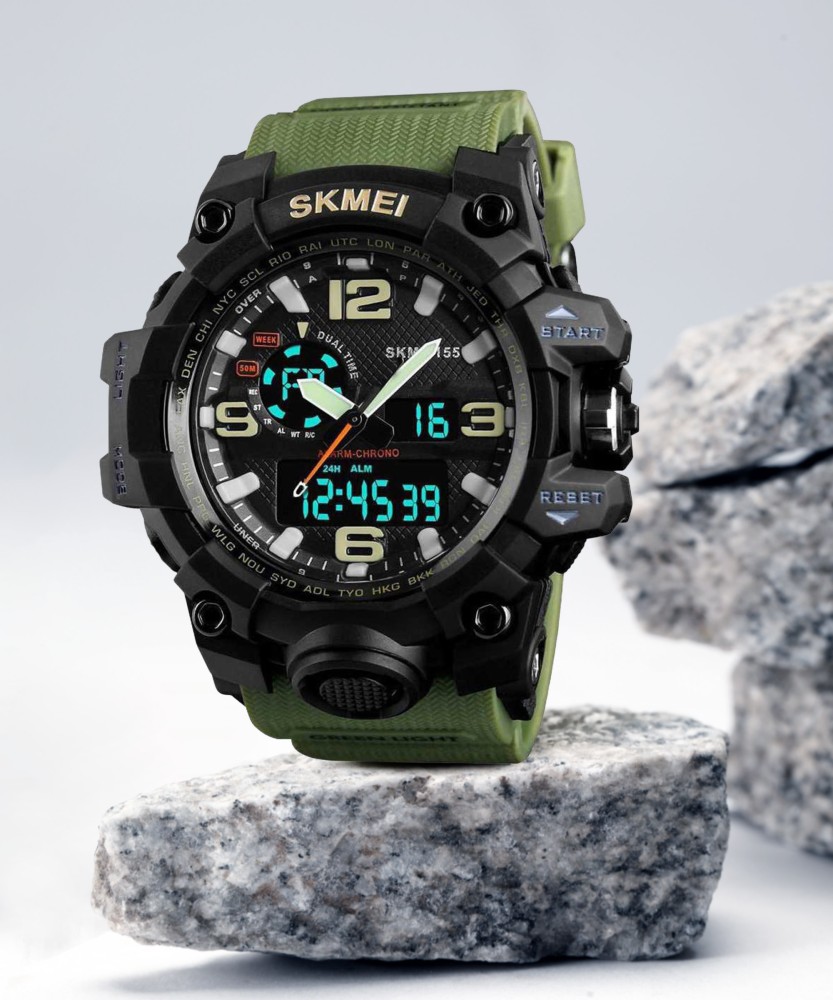 SKMEI 1155 BLACK Green Analog Digital Watch For Men