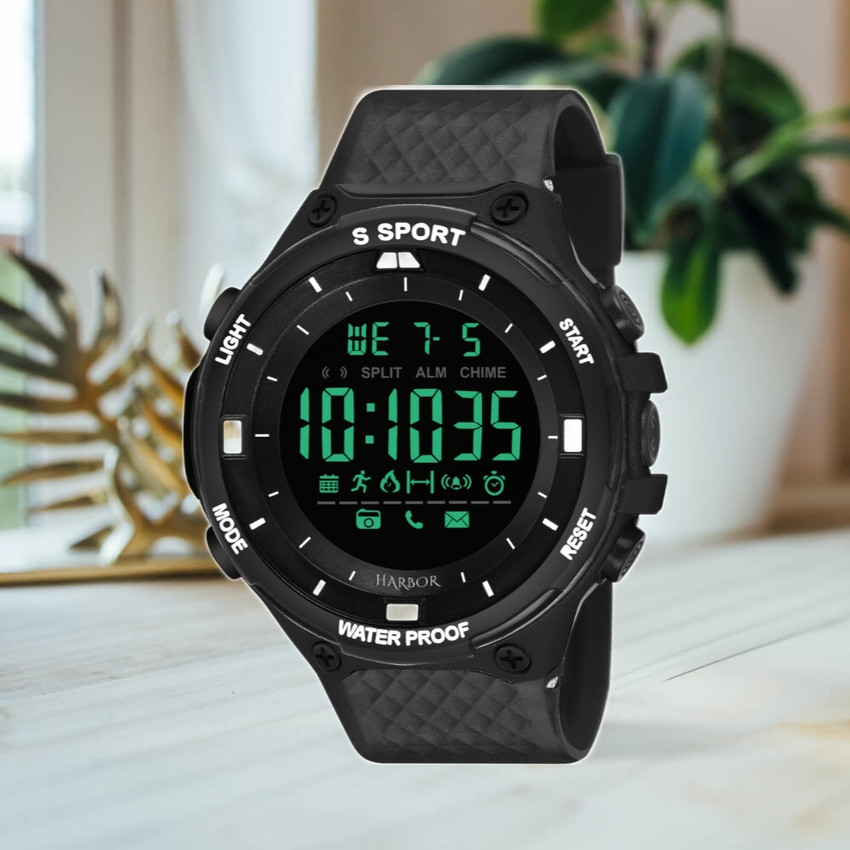 Harbor Harbor9084Black Alarm Stop Watch Day Date Hourly Chime
