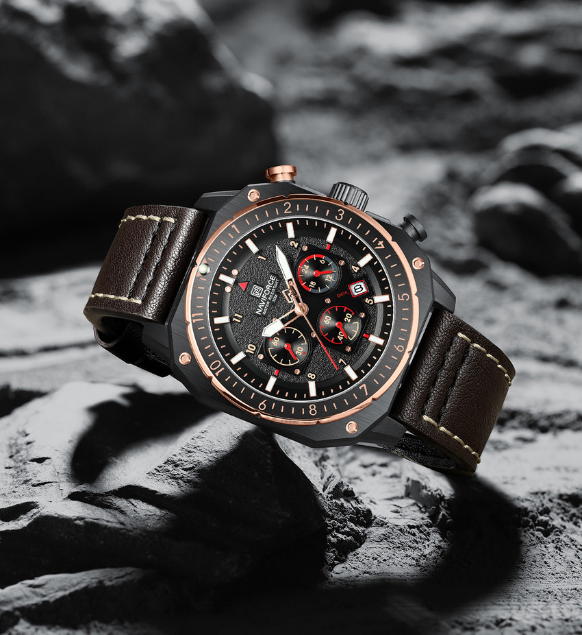 NAVIFORCE NF8057 Brown chronograph dial with brown leather strap travel quartz Analog Watch For Men Buy NAVIFORCE NF8057 Brown chronograph dial with brown leather strap travel quartz Analog Watch