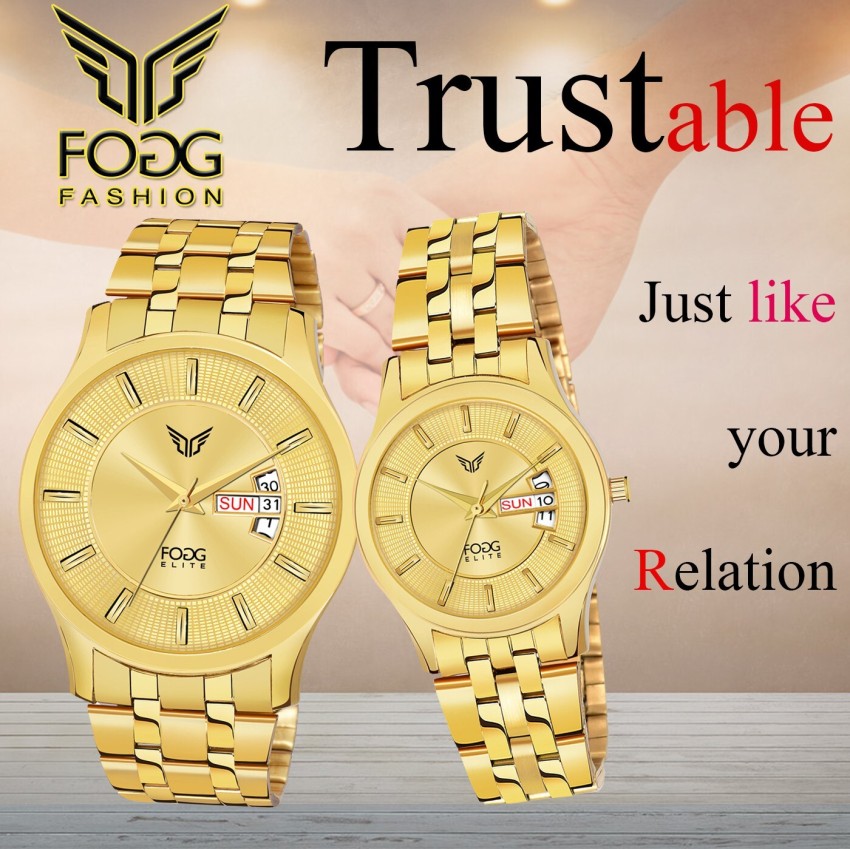 FOGG 5501 GOLD 5501 GOLD Elite Couple Gold Platted Premium Day Date Analog Watch For Couple