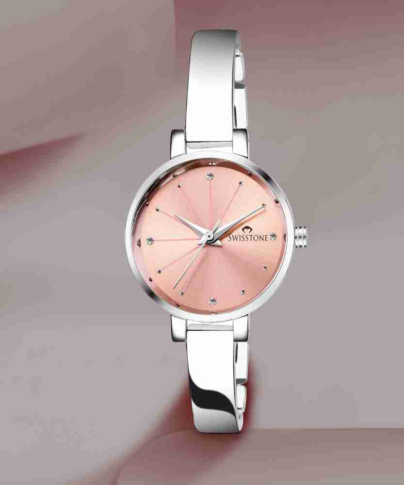 Swisstone analogue pink dial silver plated bracelet women's 2025 wrist watch