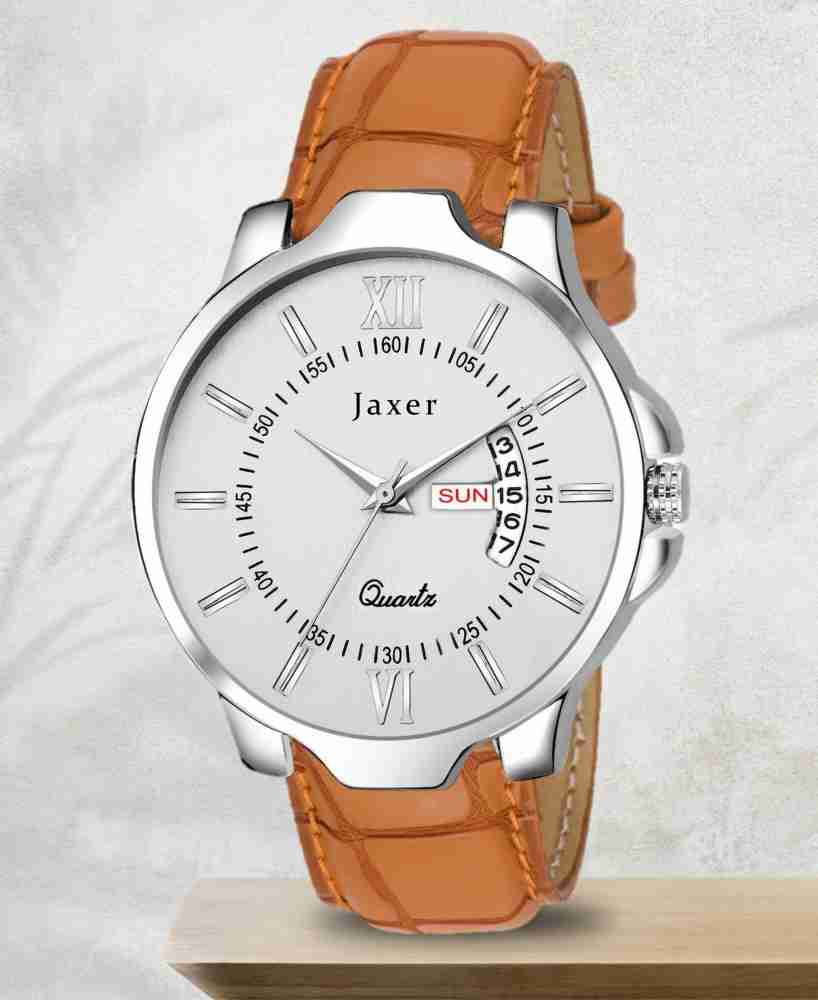 Jaxer Brown Day Date Feature Dial Leather Strap Analog Watch