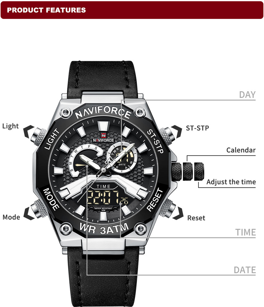 NAVIFORCE Luxurious Digital Leather Strap Casual Sport Chronograph