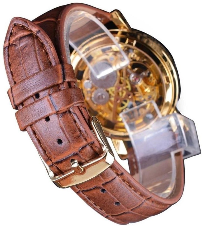 RCeles Skeleton Gold Automatic Self Winding Wrist Watch See Through Glass Back No Battery Analog Watch For Men