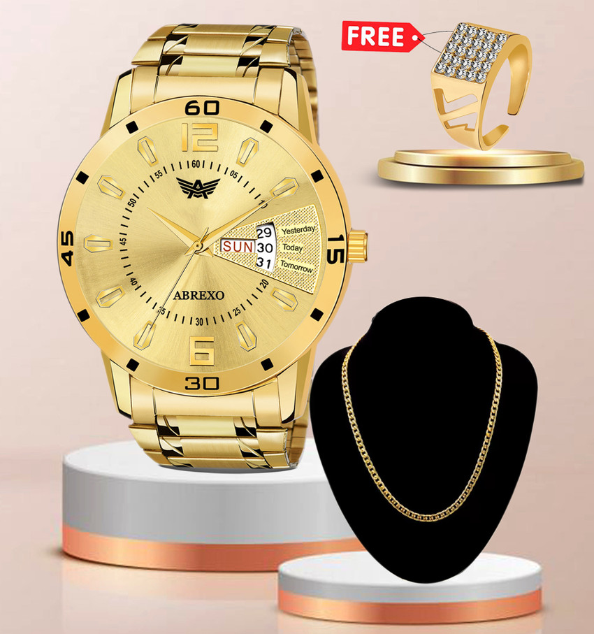 ABREXO Day Date Working Golden Wrist Watch with Accessory Special Combo for Boys Analog Watch For Men Buy ABREXO Day Date Working Golden Wrist Watch with Accessory Special