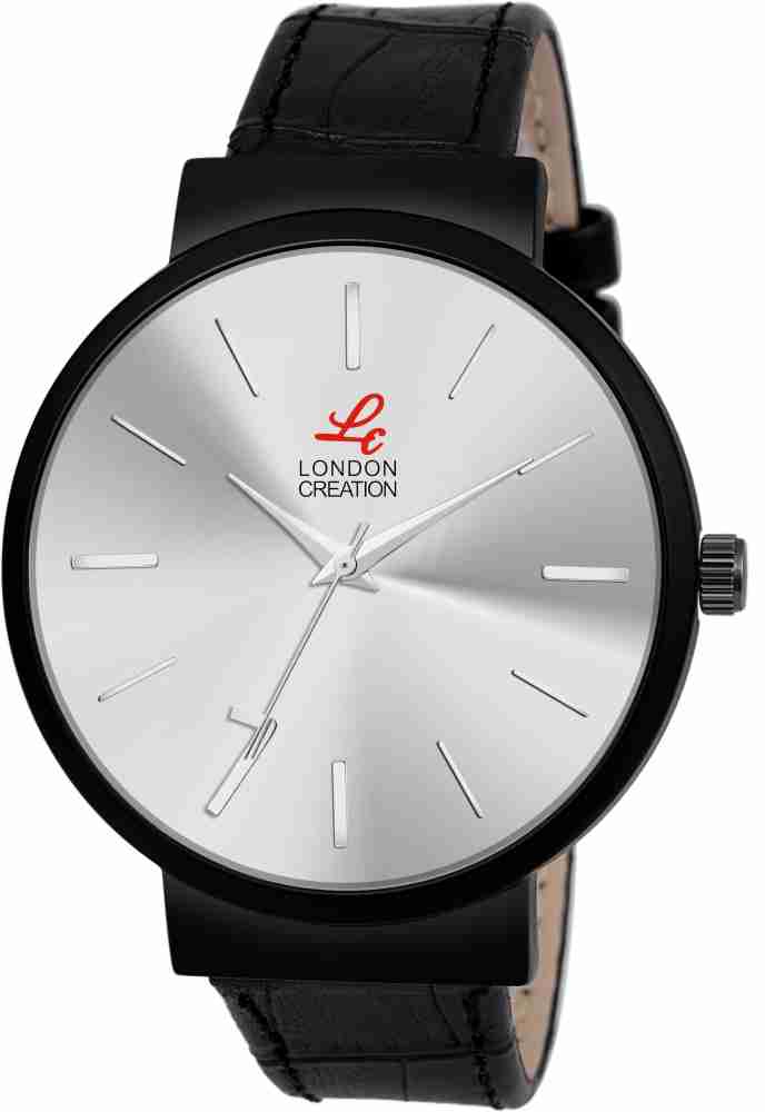 Silver dial black leather strap online watch