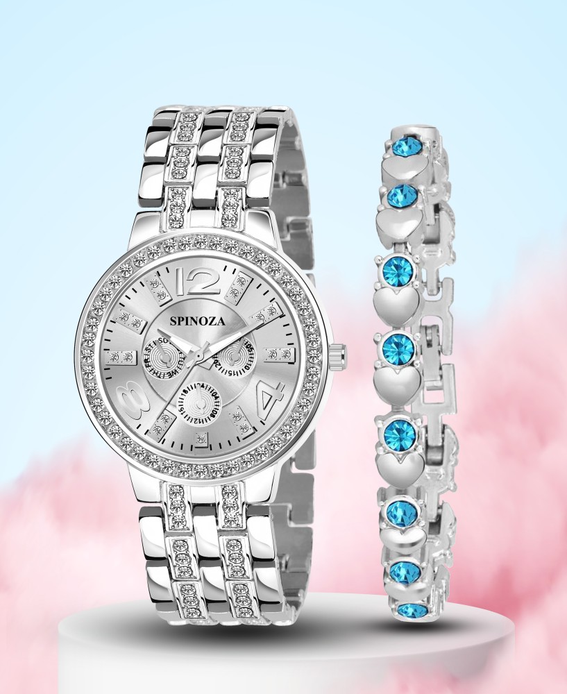 ROZHOK Styling Watch Stylish sparkling diamonds studded silver