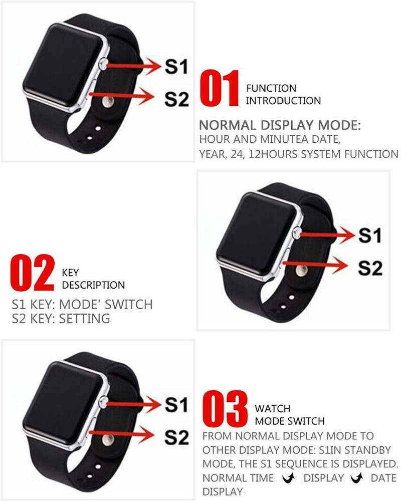 New square mirror face silicone sale band digital watch red led